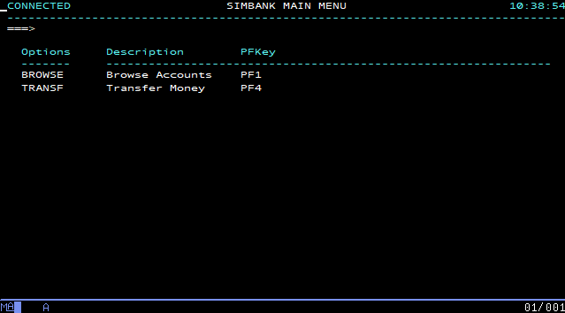 Main banking menu